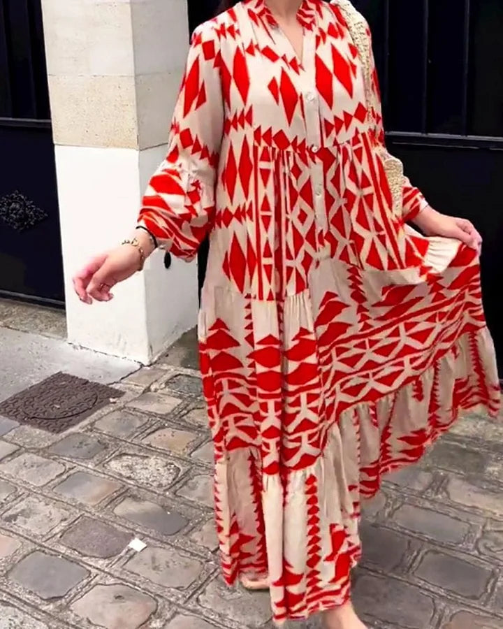 Classy Oversized Retro Print V-Neck Dress