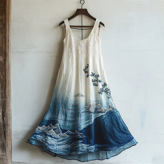 Japanese Sea Waves Ink Art Lace Patchwork Linen Dress