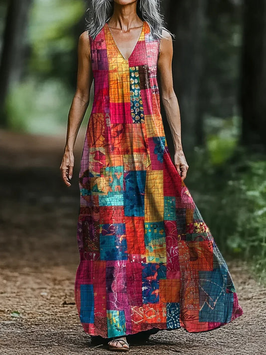 Women's Art Painting Colorful Patchwork Print V Neck Tank Dress