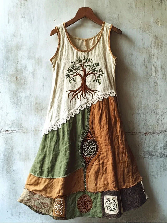 Vintage Viking Tree Of Life Embroidered Patchwork Linen Tank Dress