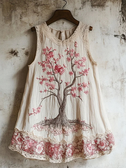 Women's Cherry Blossom Embroidery Lace Art Linen Tank