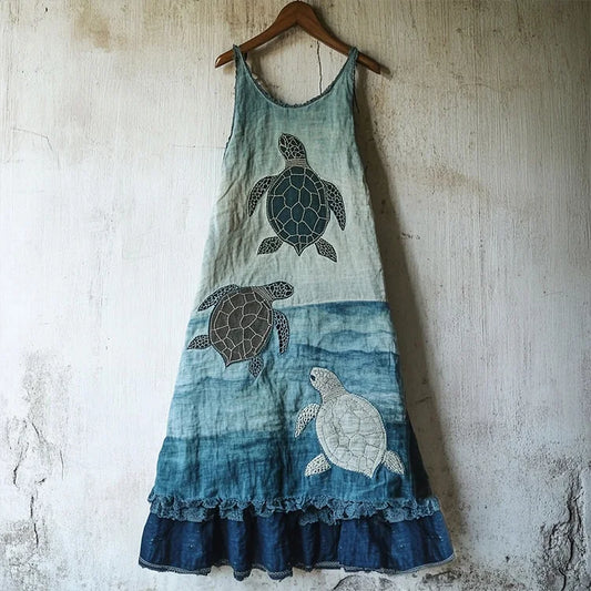Sea Turtle Pattern Patchwork Art Linen Blend Dress