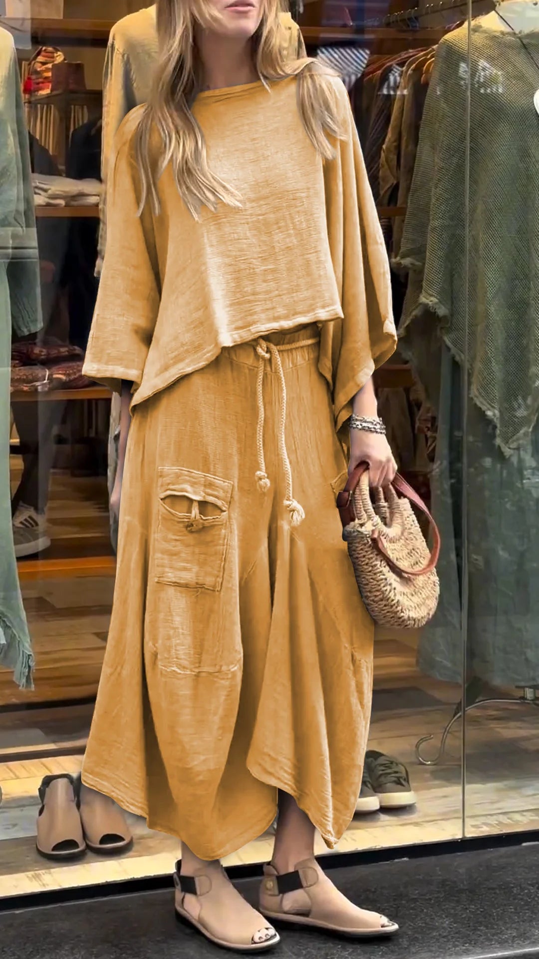 Round Neck Mid-length Sleeve Casual Cotton and Linen Suit