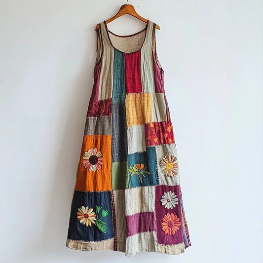 Vintage Floral Embroidered Patchwork Linen Blend Dress