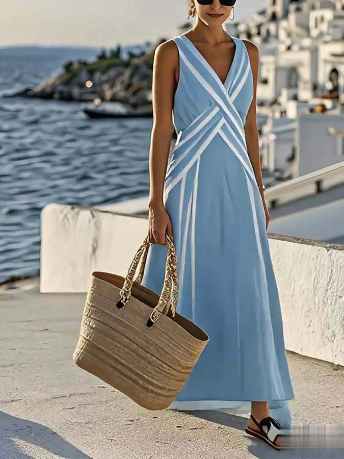 V-Neck Sleeveless Striped Holiday Loose Dress