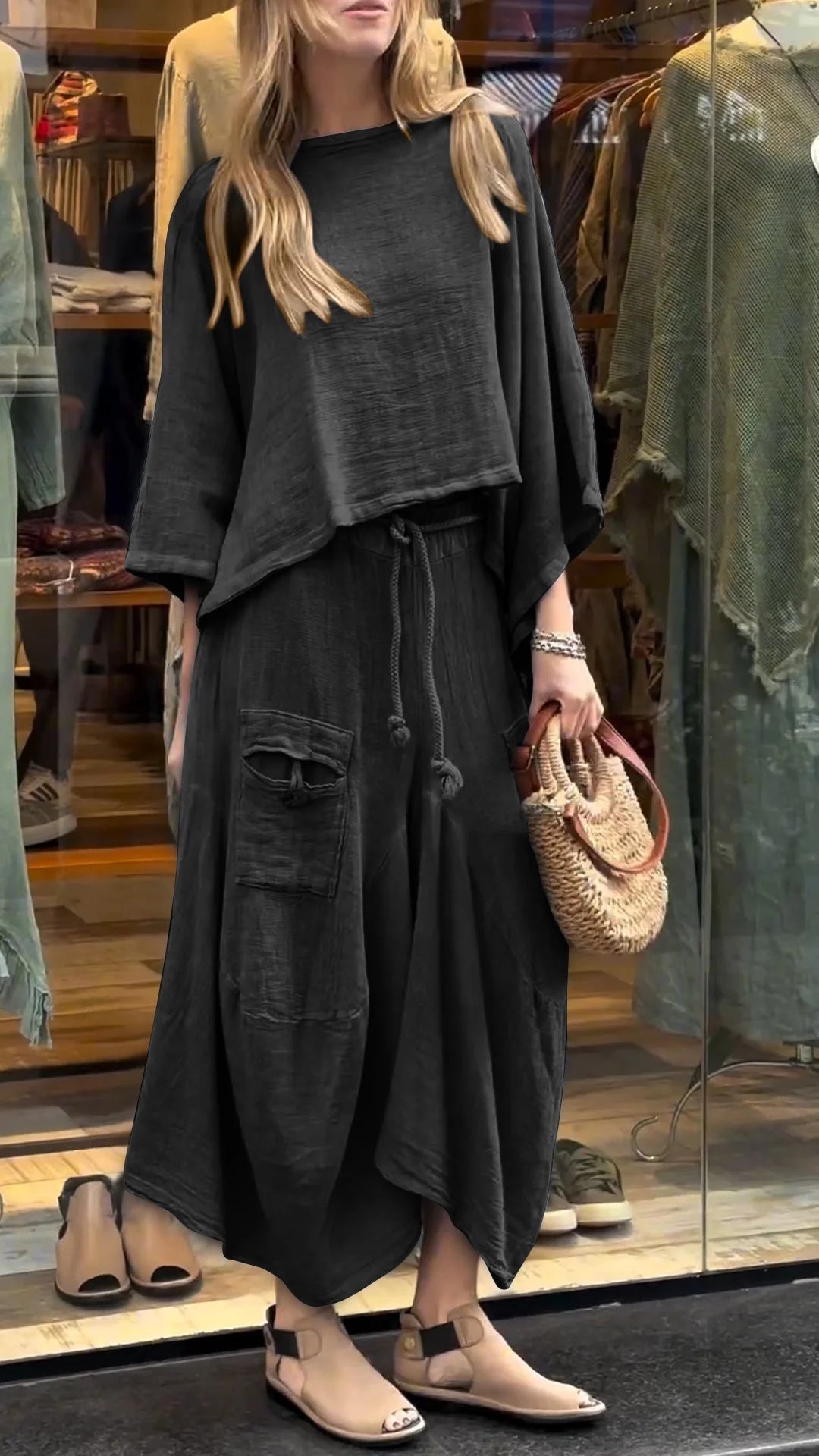 Round Neck Mid-length Sleeve Casual Cotton and Linen Suit
