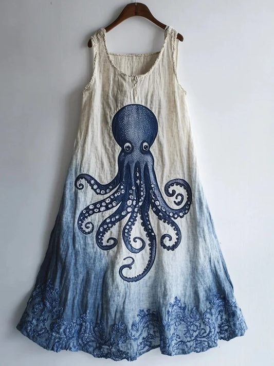 Octopus Pattern Linen Blend Contrast Color Dress