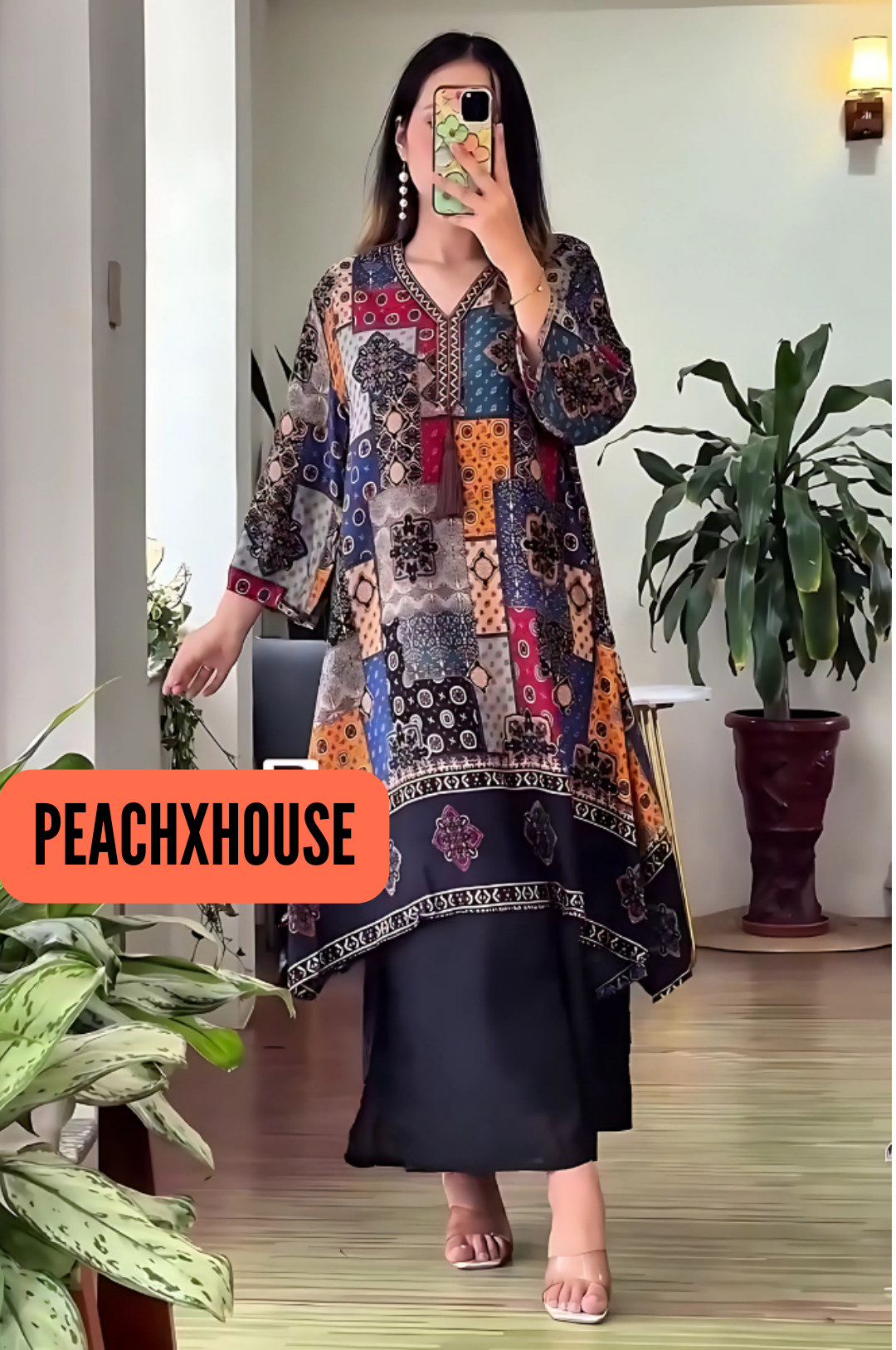 Stunning  Long Patch Work Printed Kurti Pallazo Set