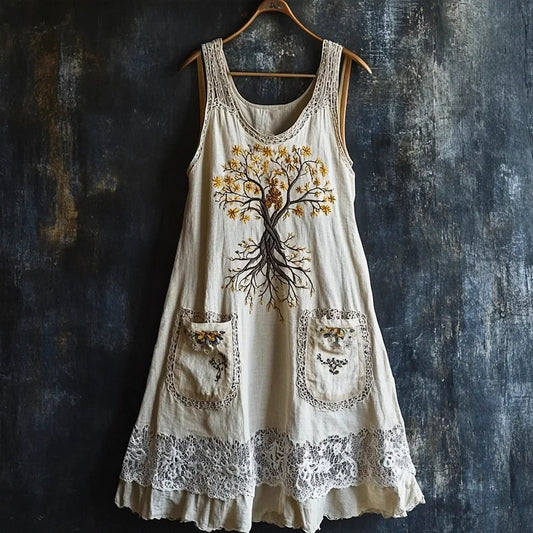 Viking Tree Of Life Lace Embroidered Women's Tank Dress With Pockets