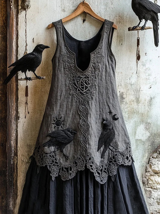 Women's Tribal Raven Embroidery Celtic Lace Art Tank Dress