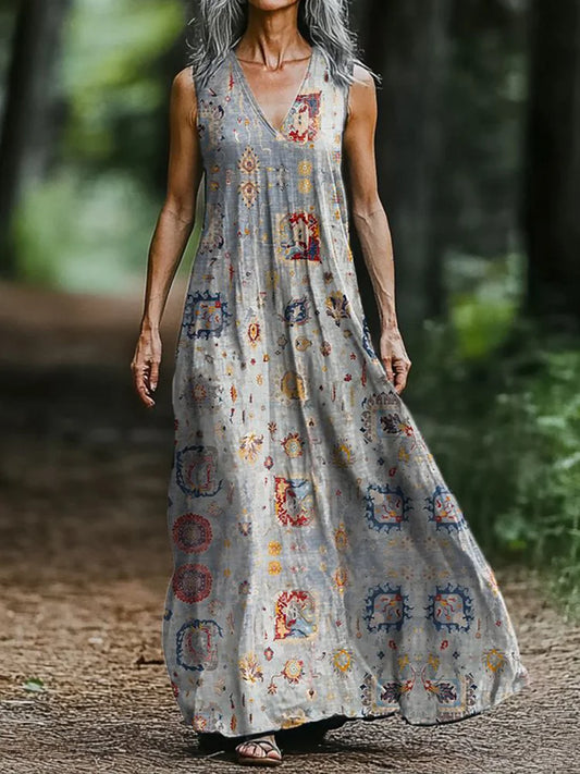 Women's Ethnic Tattoo Art Print Cotton Sleeveless Dress