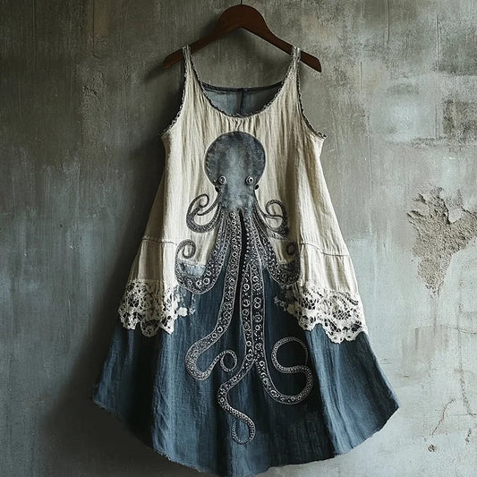 Octopus Pattern Lace Patchwork Linen Blend Dress