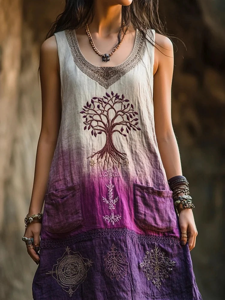 tree of life pink dress Viking Tree Of Life Embroidered Women's Tank Dress With Pockets