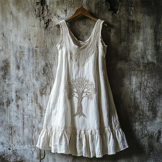 Tree Of Life Lace Patchwork Ruffle Hem Linen Dress