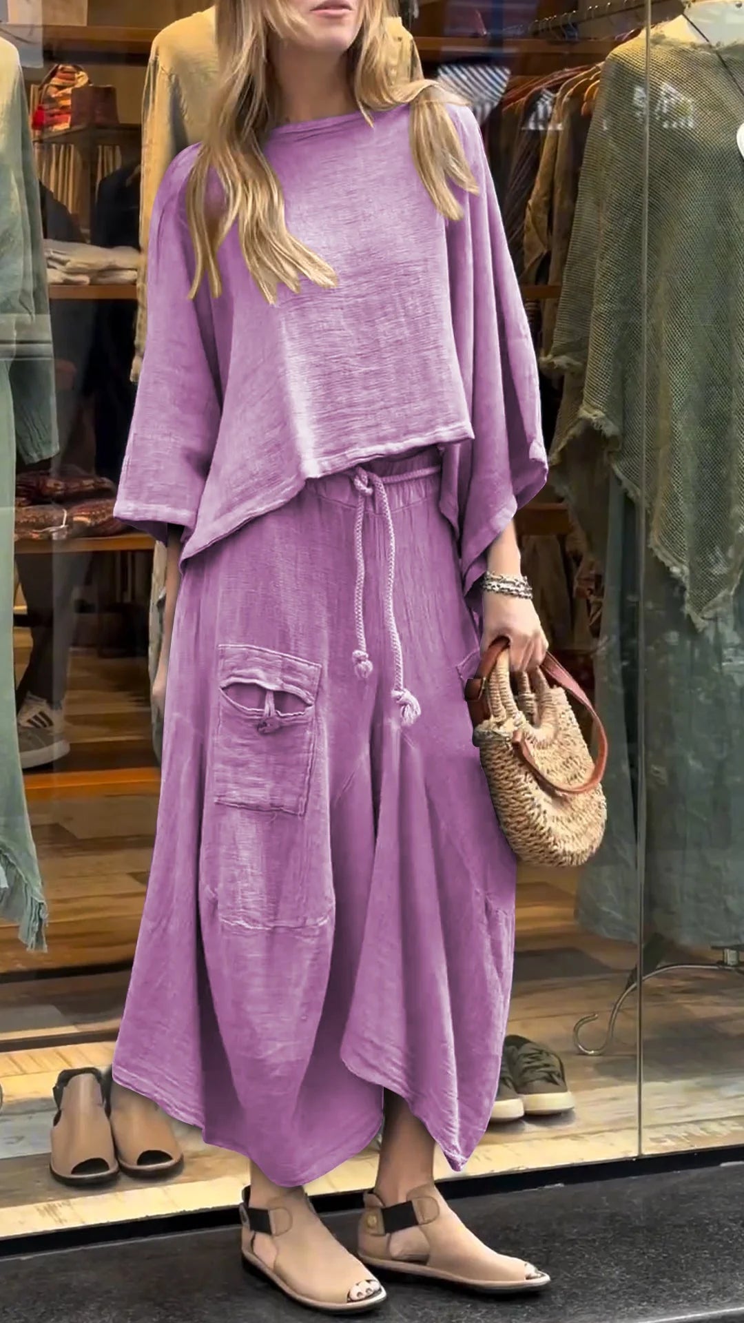Round Neck Mid-length Sleeve Casual Cotton and Linen Suit