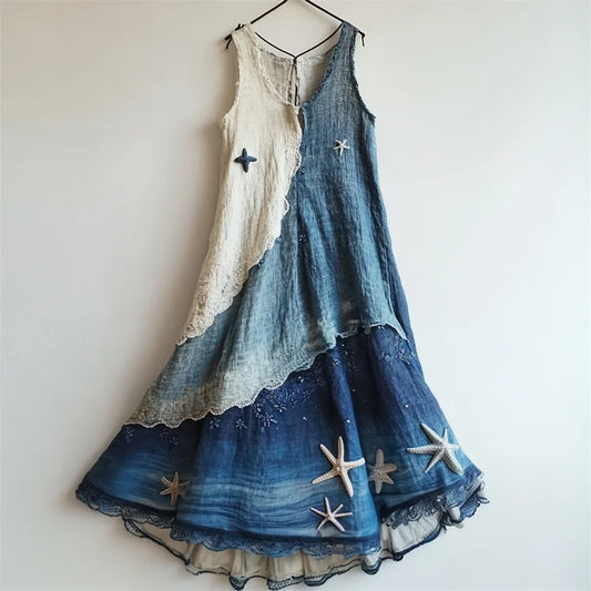 Starfish Embroidered Sea Waves Gradient Lace Flowy Linen Dress