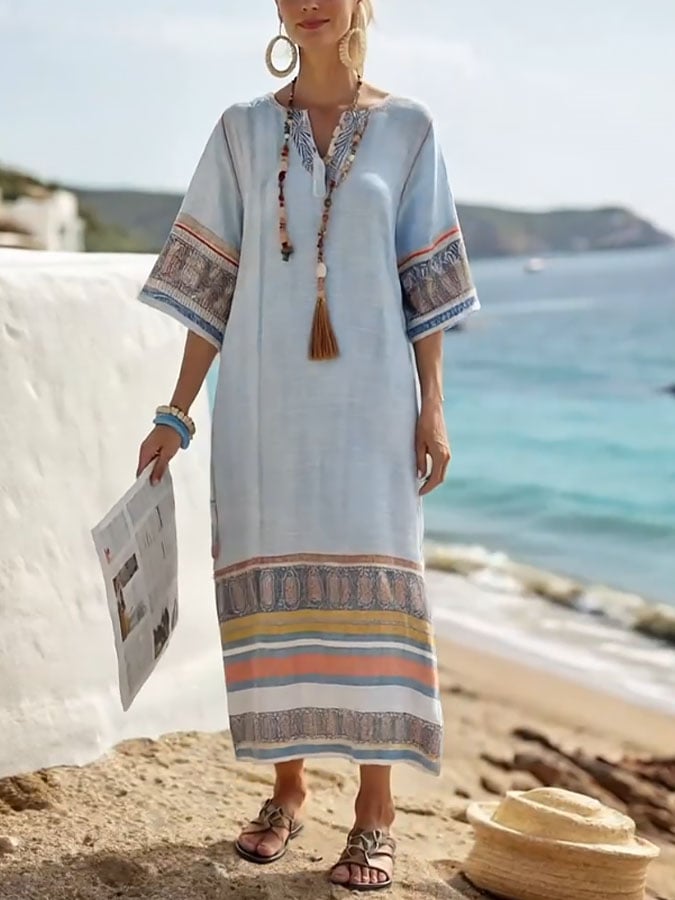 Holiday Stripe Print V Neck Three-Quarter Sleeve Loose Dress