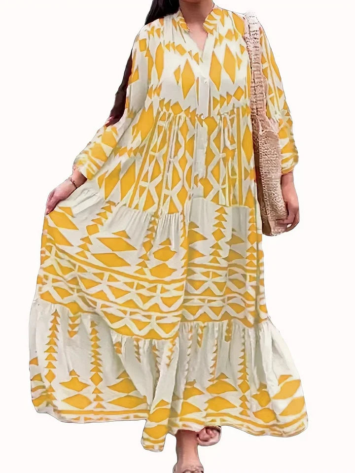 Classy Oversized Retro Print V-Neck Dress