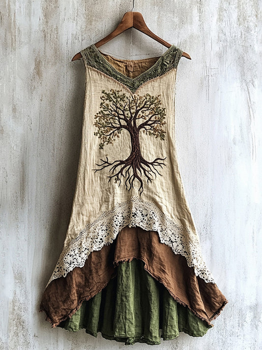 Viking Celtic Tree Of Life Lace Art Patchwork Linen Tank Dress