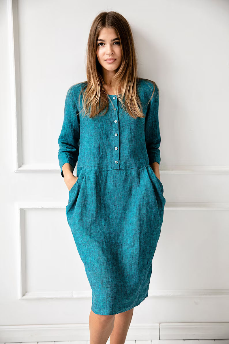 Vibrant Linen Dress with Pocket
