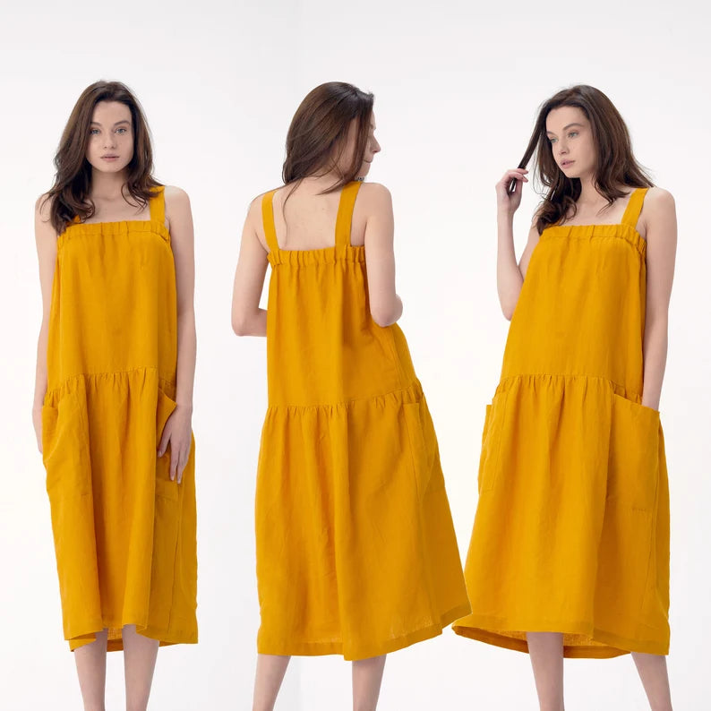 Linen mini dress a-line round neck