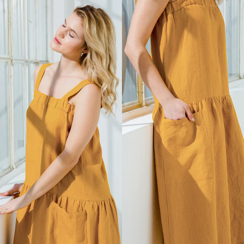 Linen mini dress a-line round neck