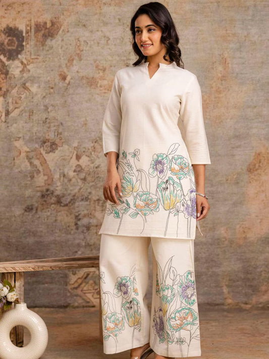 Linen Flex Cotton Two Piece Embroidered Co-ord Set