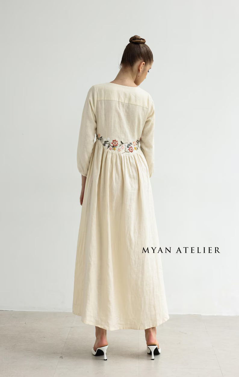 Floral hand-embroidered linen maxi dress
