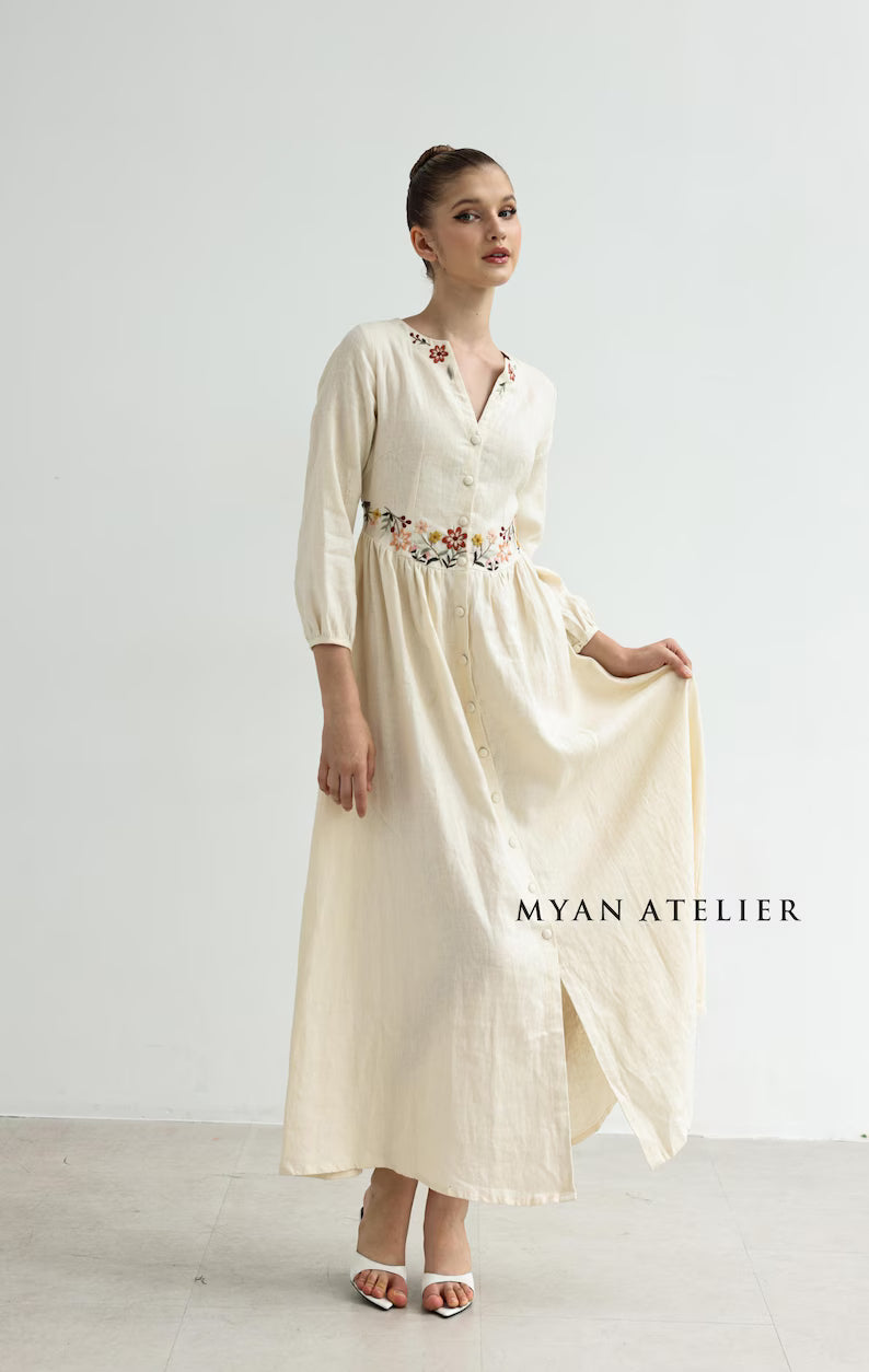 Floral hand-embroidered linen maxi dress
