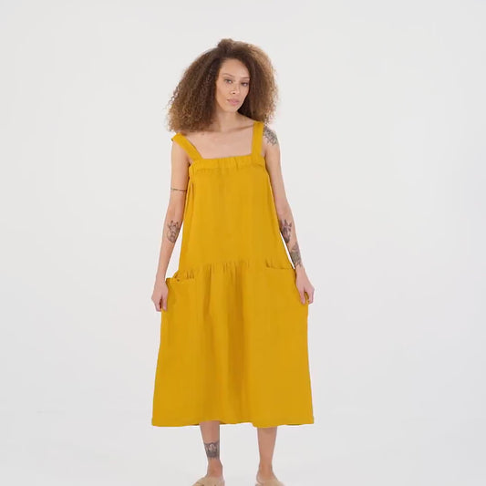 Linen mini dress a-line round neck